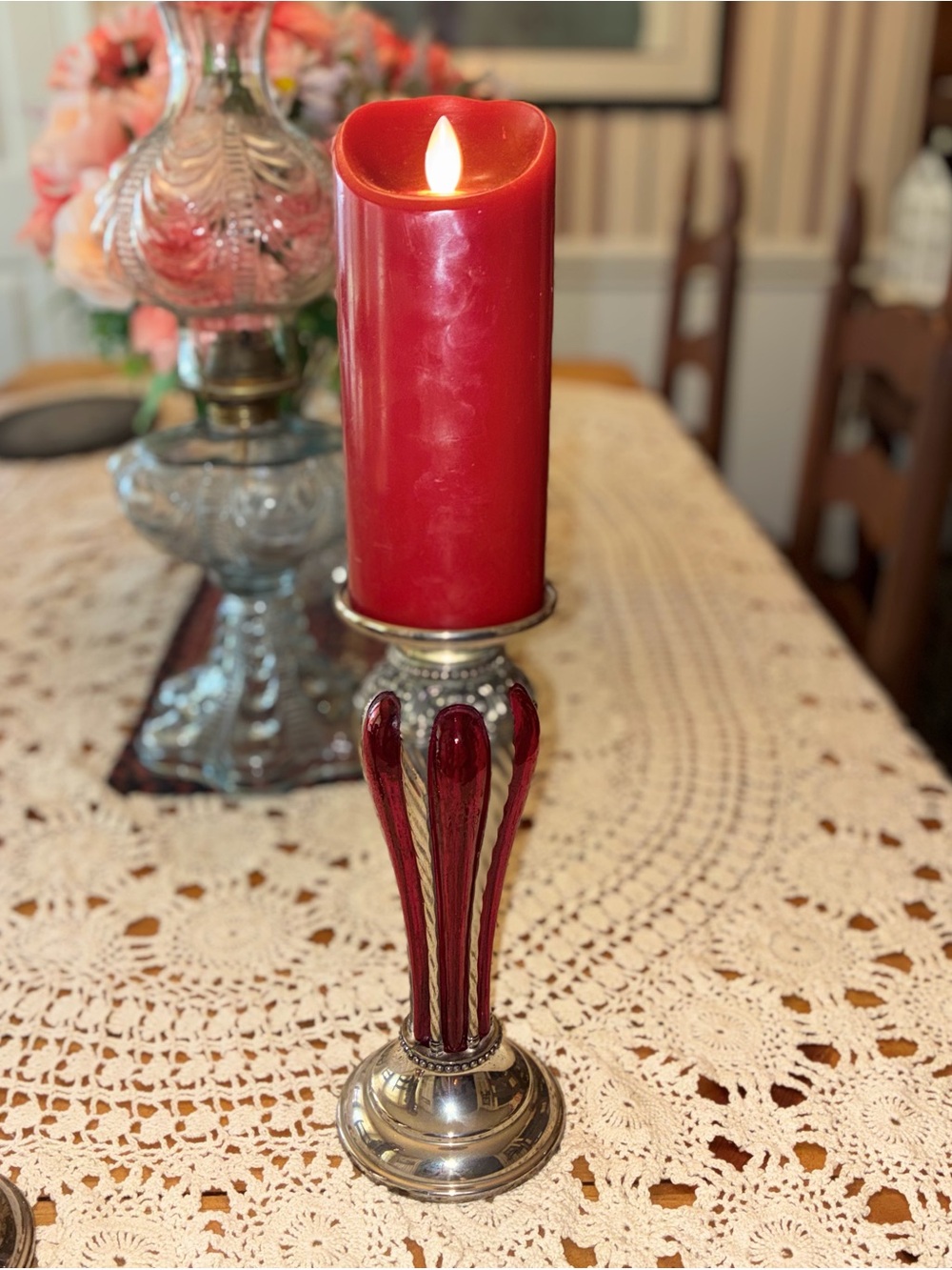 Vintage MCM Bubble Glass Decorative Red Glass and Silver Candle Holders - Pair - Picture 10 of 11